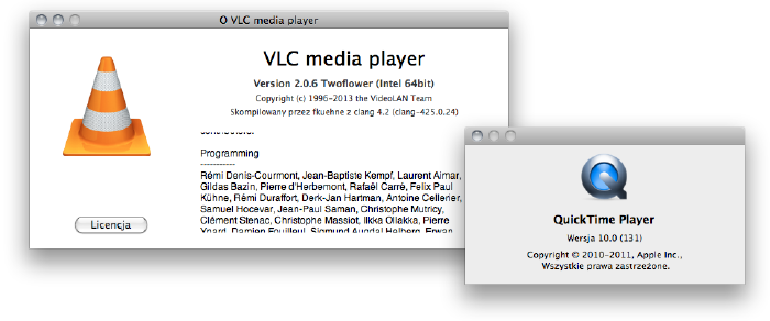 Porównanie danych dotyczących autorstwa w okienkach informacyjnych odtwarzaczy QuickTime Player i VLC